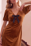 Donkergroene fluwelen bodycon V-hals pof korte mouwen korte kerstjurk met strik