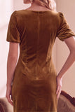 Donkergroene fluwelen bodycon V-hals pof korte mouwen korte kerstjurk met strik