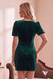 Donkergroene fluwelen bodycon V-hals pof korte mouwen korte kerstjurk met strik