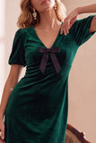 Donkergroene fluwelen bodycon V-hals pof korte mouwen korte kerstjurk met strik