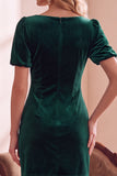 Donkergroene fluwelen bodycon V-hals pof korte mouwen korte kerstjurk met strik