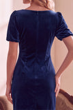 Donkergroene fluwelen bodycon V-hals pof korte mouwen korte kerstjurk met strik
