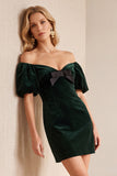 Bordeauxrode fluweelen bodycon met off-shoulder puffmouwen korte kerstjurk met strik