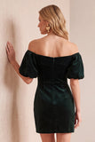 Bordeauxrode fluweelen bodycon met off-shoulder puffmouwen korte kerstjurk met strik