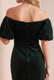 Bordeauxrode fluweelen bodycon met off-shoulder puffmouwen korte kerstjurk met strik