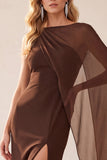 Koffieschede Chiffon Eén schouderlange trouwjurk met cape