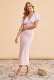 Blush Sheath V-hals flutter mouwen midi kerstfeestjurk met kant