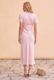 Blush Sheath V-hals flutter mouwen midi kerstfeestjurk met kant