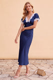 Blush Sheath V-hals flutter mouwen midi kerstfeestjurk met kant