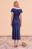 Blush Sheath V-hals flutter mouwen midi kerstfeestjurk met kant