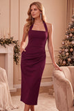 Bordeauxrode Bodycon halter gerimpelde midi bruiloftsjurk met zakken