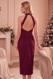 Bordeauxrode Bodycon halter gerimpelde midi bruiloftsjurk met zakken