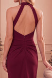 Bordeauxrode Bodycon halter gerimpelde midi bruiloftsjurk met zakken