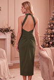 Bordeauxrode Bodycon halter gerimpelde midi bruiloftsjurk met zakken