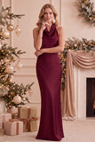 Bordeauxrood satijn zeemeermin halter halsband met hals Maxi trouwjurk