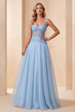 Hemelsblauwe A-lijn sweetheart chiffon pailletten lange formele jurk