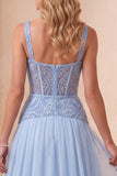 Hemelsblauwe A-lijn sweetheart chiffon pailletten lange formele jurk