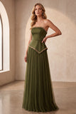 Olijfkleurige strapless geplooide satijnen lange formele jurk met kralen