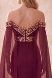 Bordeauxrode zeemeermin met off-shoulder cape lange formele jurk met pailletten