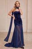 Marineblauwe meermin-fluweel strapless chiffon bloemenjurk lange formele jurk