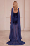Marineblauwe meermin-fluweel strapless chiffon bloemenjurk lange formele jurk