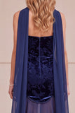 Marineblauwe meermin-fluweel strapless chiffon bloemenjurk lange formele jurk