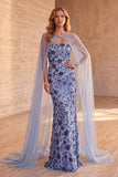 Leisteenblauwe meermin strapless pailletten bloemen lange formele jurk met cape