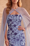 Leisteenblauwe meermin strapless pailletten bloemen lange formele jurk met cape