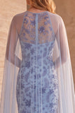 Leisteenblauwe meermin strapless pailletten bloemen lange formele jurk met cape