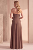 Coffee A-lijn strapless gerimpelde pailletten chiffon maxi formele jurk met kralen