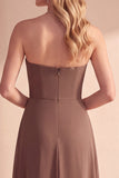 Coffee A-lijn strapless gerimpelde pailletten chiffon maxi formele jurk met kralen