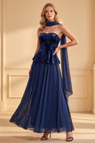 Donkerblauwe A-lijn fluwelen strapless chiffon bedrukte lange formele jurk