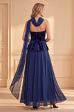 Donkerblauwe A-lijn fluwelen strapless chiffon bedrukte lange formele jurk
