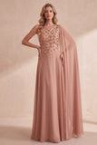 Khaki A-lijn chiffon met één schouder bezette lange formele jurk met cape