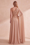 Khaki A-lijn chiffon met één schouder bezette lange formele jurk met cape