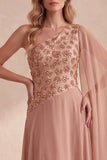 Khaki A-lijn chiffon met één schouder bezette lange formele jurk met cape