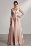 Blush A-lijn V-hals lange mouwen geplooide maxi jurk Mother of the Bride met pailletten