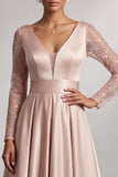 Blush A-lijn V-hals lange mouwen geplooide maxi jurk Mother of the Bride met pailletten