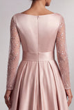 Blush A-lijn V-hals lange mouwen geplooide maxi jurk Mother of the Bride met pailletten