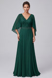 Donkergroene A-lijn V-hals kant met fladderende mouwen Lange Mother of the Bride jurk met kralen