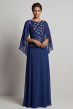 Marineblauwe A-lijn bateau-hals Chiffon lange moeder van de bruid jurk met fladderende mouwen