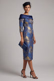 Koninklijk blauwe schede met off-the-shoulder bedrukte midi Mother of the Bride jurk met 3/4 mouwen