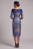 Koninklijk blauwe schede met off-the-shoulder bedrukte midi Mother of the Bride jurk met 3/4 mouwen