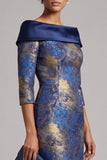 Koninklijk blauwe schede met off-the-shoulder bedrukte midi Mother of the Bride jurk met 3/4 mouwen