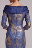 Koninklijk blauwe schede met off-the-shoulder bedrukte midi Mother of the Bride jurk met 3/4 mouwen