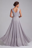 Lichtgrijze schede V-hals gerimpelde chiffon midi Mother of the Bride jurk met pailletten