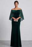 Donkergroene zeemeermin met off-shoulder open mouwen, fluwelen lange formele jurk met strassstenen