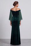 Donkergroene zeemeermin met off-shoulder open mouwen, fluwelen lange formele jurk met strassstenen