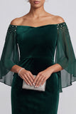 Donkergroene zeemeermin met off-shoulder open mouwen, fluwelen lange formele jurk met strassstenen