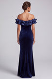 Marineblauwe zeemeermin met off-shoulder gerimpelde fluwelen lange formele jurk